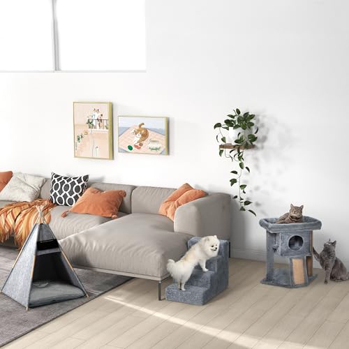 PawHut Hundetreppe 4 Stufen 44 cm Hoch Haustiertreppe für Kleine Hunde Katzentreppe Hunderampe mit Waschbar Bezug Einstiegshilfe für Bett, Sofa, Couch Hellgrau