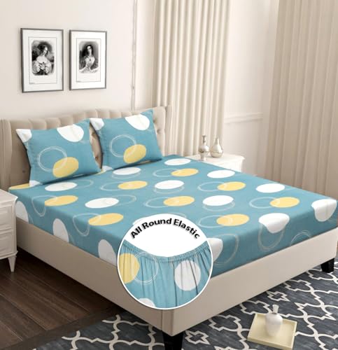 Image of SANMARINO Premium Cloud Cotton 360 Fitted King Bedsheet with 2 Pillow Covers | 300 TC Soft Fabric | Deep Pocket Elasticated Bed Sheet (78 x 72 + 10 Inches) (Cerulean Blue)