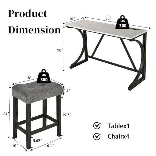 Image of 4-Piece Industrial Bar Table Set with Power Outlet, 3 Upholstered Stools for Kitchen, Game Room & Dining, Counter Height Pub Set (Grey 1+3)