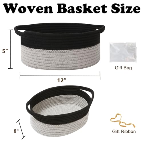 Image of Woven Rope Basket - Baby Gift Basket with Bag & Ribbon, Black&Grey