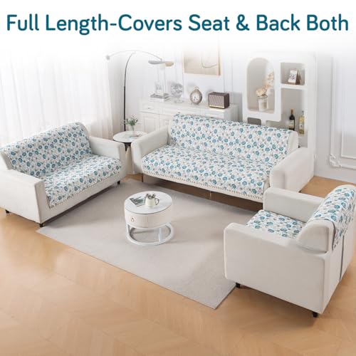 Image of HOKIPO Cerulean Bloom Quilted Sofa Cover 6 Seater with Tassels Set - Washable 3+2+1 Sofa Panel for Seat & Back | 'Tassel Twigs' Series (IN-991-T6 + IN-990-T6 + IN-989-T6)