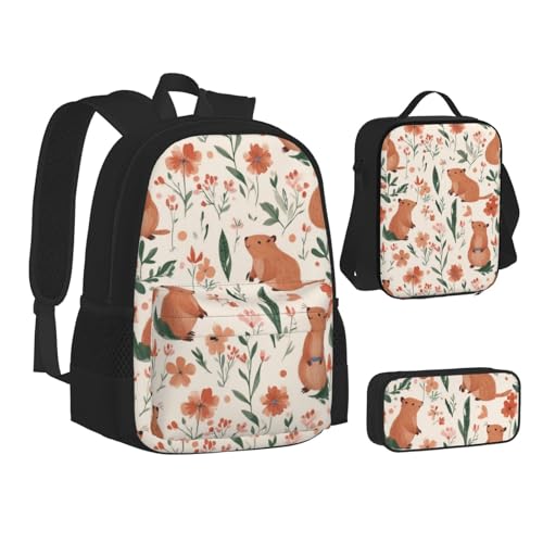 Cute Hamster Flower Backpack With Pencil Case Lunch Bag Combination For Women Men2