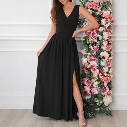 AOWVUTS Abendkleider Elegant für Hochzeit Festlich Brautjungfernkleider Formeller Abschlussball V-Ausschnitt Sexy Maxikleid mit Schlitz Ärmellos Sommer Ballkleider Lang Cocktailkleid Abschlusskleid
