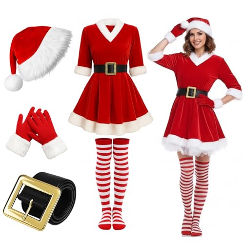 QhgPnt Santa Dress Sexy Santa Outfit Women Christmas Dresses for Women Mrs Claus Costume Womens Christmas Costumes 5-Piece Set with Dress Hat Belt Stockings Gloves Size M