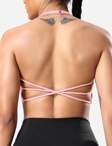 Image of YEOREO Women's Sports Bra Halter Workout Sports Bra Strappy Criss Cross Back Bra Removable Padded Yoga Crop Top