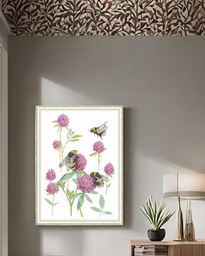 Image of CaptainCrafts Cross Stitch Kits for Adults Counted Bumblebee Pattern | Unprinted 14CT Fabrics, Bumblebee Picking Flowers Cross Stitching, DIY Hand Embroidery Needlecrafts Relaxing Crafts