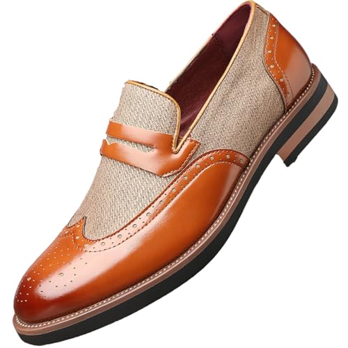 Brogue Loafers for Men's Patchwork Two Tone Color Business Office Leather Shoes Classic Pointed Toe Low Top Comfortable Chunky Heel Dress Tuxedo Formal Shoes