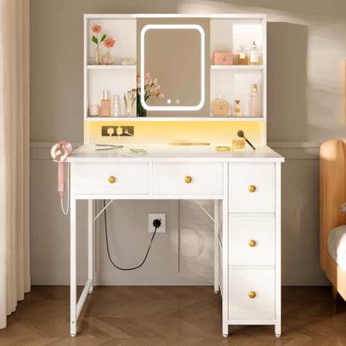ODK Schminktisch mit Verstellbarem LED-Spiegel & Eingebauten USB-Steckdosen & RGB-Lichtleiste,...