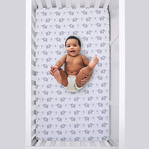 Image of NoJo Elephant Stroll White & Gray Fitted Crib Sheet, Grey, White