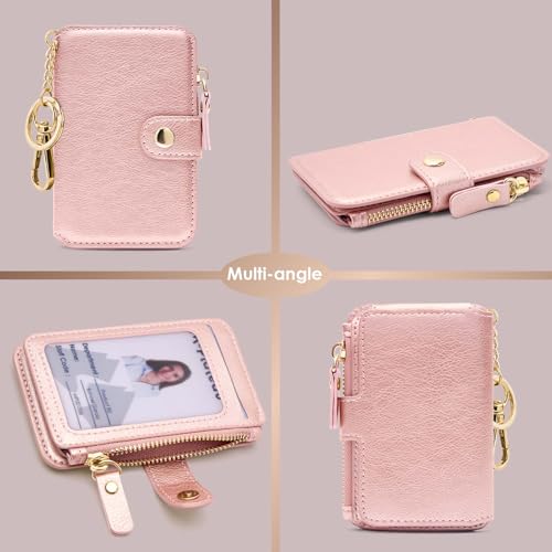 Image of Keychain wallet with ID Window，Credit Card Holder Leather, Zipper Card Case for Women, Pink, 4.3*2.8*0.5 in,