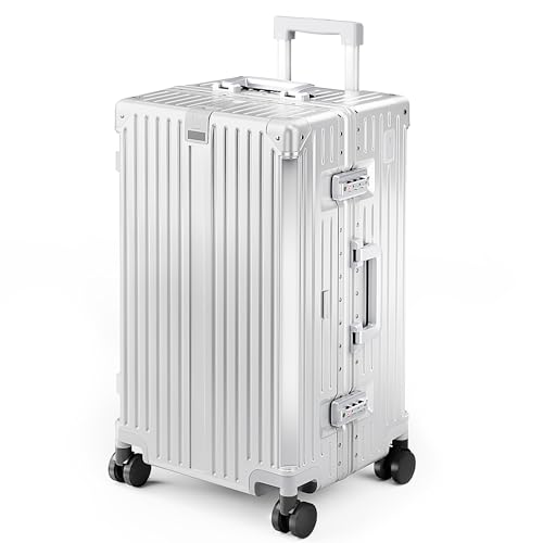 Image of ALPHA CAMP Trunk Luggage 24 Inch with Aluminum Frame Zipperless Suitcase | Medium Checked Thickened 3-Layer PC Hardshell with TSA Lock,Charging Port, Cup Holder and Spinner Wheels for Domestic Travel