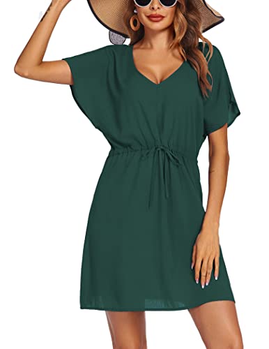 Image of Ekouaer Womens Swimsuit Coverup Short Sleeve Beach Cover Up Dress V Neck Bikini Beachwear