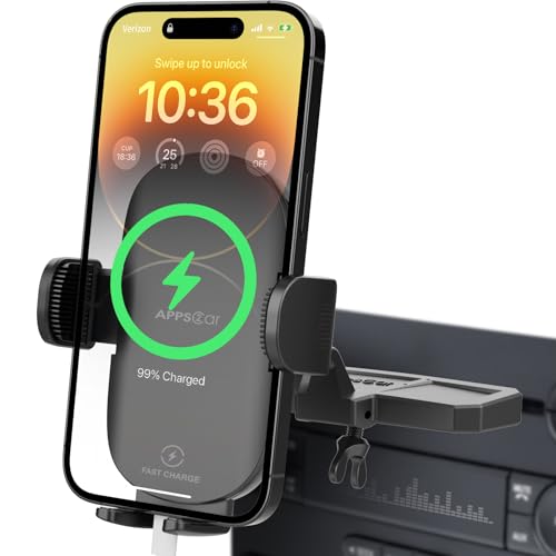 APPS2Car Sturdy CD Slot Phone Mount Upgraded Wireless Charger with One Hand Operation Design, Hands-Free Car Phone Holder Compatible with iPhone 17 Pro Max Plus 16 15 14 13 12 11, Samsung S25 S24