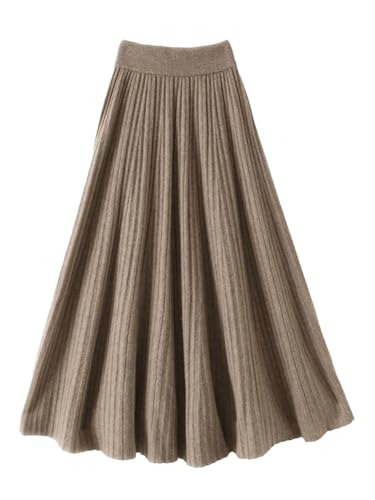 Women Fall Winter Knitted 100% Wool Skirt High Waist Pleated Long Skirts Lighttan L