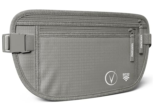 Money Belt For Travel Hidden, RFID Protected Waist Wallet, Fits Passport & Phone with cover, Includes 2 Global Recovery Tags (Regular, Light Gray)