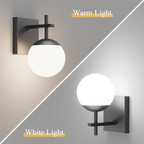 Image of Ralbay Black Indoor Wall Sconces Set of 2,Mid Century Modern Bathroom Wall Lighting Fixtures Milky Glass Wall Lamp for Bedroom Living Room Vanity Hallway, Matte Black (Exclude Bulb)