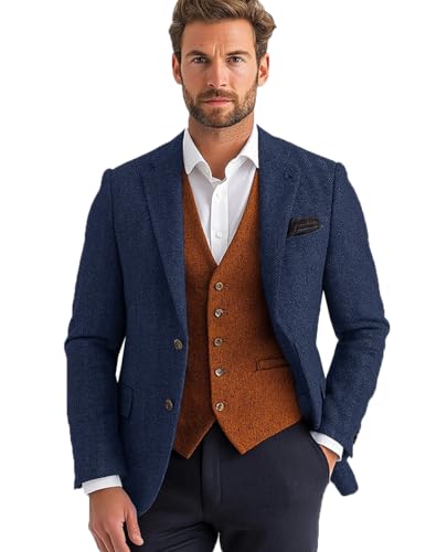 ORBITRAY Men's Tweed Blazer Jacket Thick Retro Vintage Herringbone Sport Coat Single Breasted Two-Buttons Dark Blue