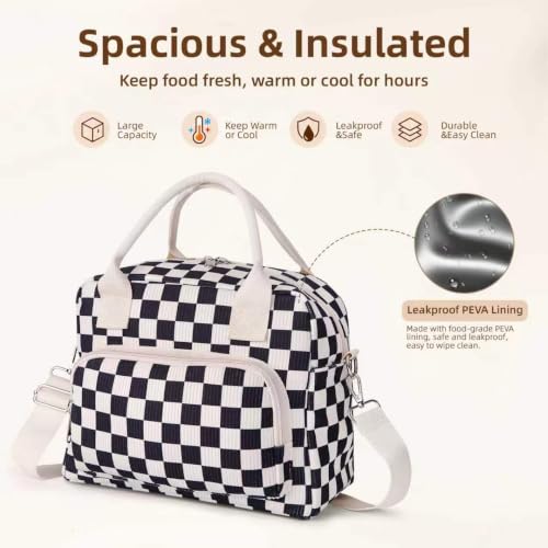 Image of LOVELYWIND Large Insulated Lunch Bag For Women, Black White Lunch Box 12L | Large Shoulder Strap Lunch Tote With Insulated Lining; Stylish Look For Work, School, Picnic, And Organized Meals.