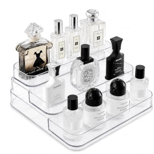 Image of Zollyss 3 Tier Acrylic Perfume Organizer Stand | Clear PET Makeup Display Riser with Protective Fence | Cosmetic Storage Shelf for Vanity, Skincare, Perfume Bottles, Figurines & Collectibles