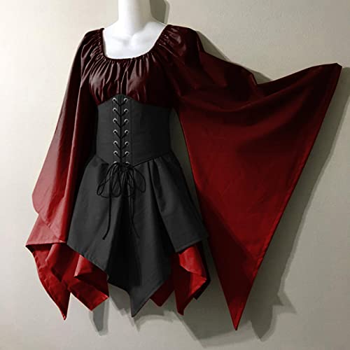 Bibokaoke Summer Slip Medieval Costume For Womens Trumpet Sleeve Irish Shirt Dress With Loose Summer Dresses For Women Casual Wine #TOP2