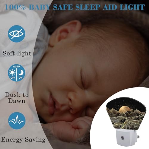 Image of Black Gold Mountain Night Light Golden Moon Nightlight Plug into Wall with Dusk to Dawn Sensor for Kid Girls Boys Women Men Room, Hallway, Kitchen, Bathroom, Stairs Decor
