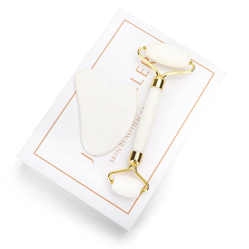 Rolo de masaje Facial guasha placa conjunto cabeças duplas Jade Pedra Face Lift Corpo relaxamento da Pele emagrecimento beleza pescoço fino elevador-3 Set no Box