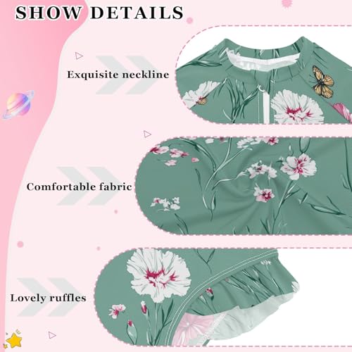 Cartoon Dianthus Sage Green Long Sleeve Swimsuit for Girl 1 Piecing Rash Guard Swimsuits Sun Protection Girls Bathing Suit4