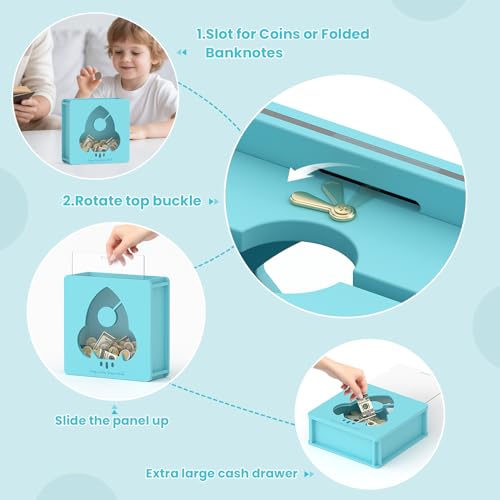 Image of Summidate Wooden Money Saving Box, Clear Window Cash Vault Savings Box with DIY Stickers, Personalized Rocket Piggy Bank for Kids & Adults, Birthday /Baby Shower /Wedding Gift
