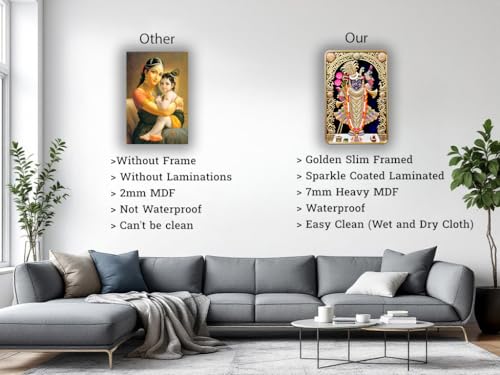 Image of Dharvika Innovations Shrinathji photo frame for wall decoration, paintings for living room, golden slim frame with sparkle coated lamination, painting wall decoration 2415 (12x18 Inch) (Without Glass)