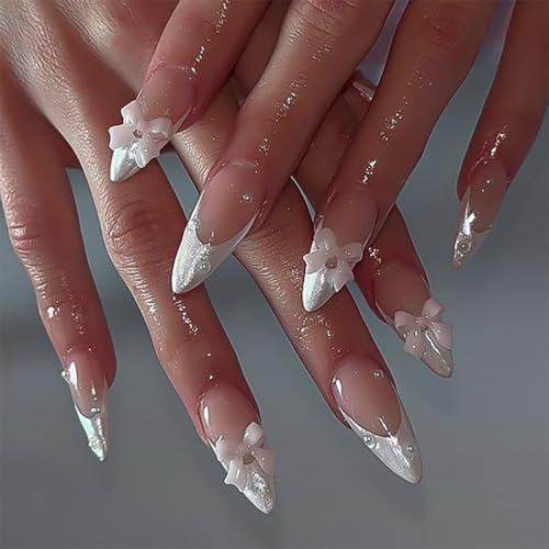 Press on Nails Kit Medium Almond French White Fake Nails with 3D ...