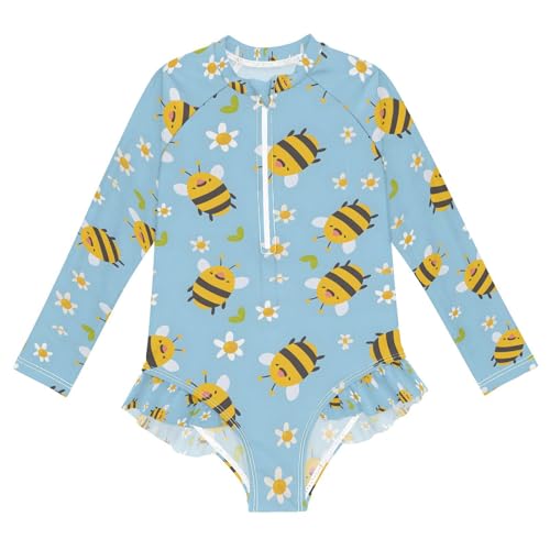 ALAZA Bee Flower Blue Cartoon Girls One Piece Swimsuit Long Sleeve Rash Guard Swimsuits UV 50+ Swimwear Zipper