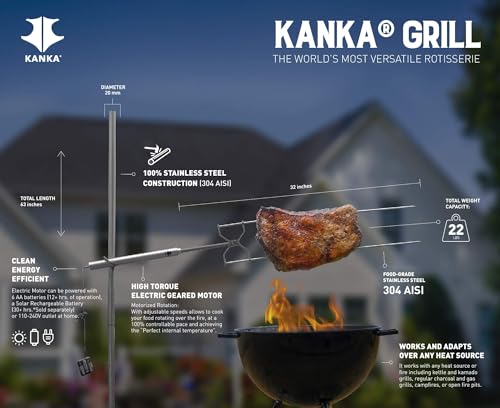 KANKA Rotisserie Grill Kit – Heavy Duty Portable Spit Roaster with Electric Motor – Works with Fire Pits, Campfires, Charcoal & Gas Grills – 22LB Capacity, Stainless Steel - Includes Carrying Bag