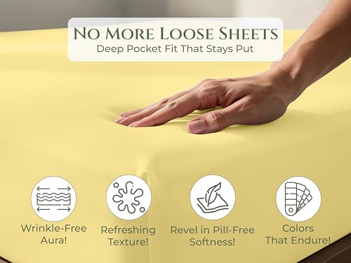 Image of Royale Linens 100% Organic Cotton Queen Fitted Sheet Only - Percale Weave - Super Soft Deep Pocket Bottom Sheets - Yellow Elastic Sheet - Queen Size Fitted Sheets Only - (60 inchx80 inch+15 inch, Yellow)