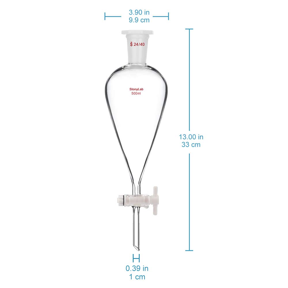 StonyLab 500 ml Entonnoir Séparateur à Paroi épaisse en Verre Borosilicaté, Separatory Funnel avec Joints 24/40 et Robinet en PTFE - 500 mL