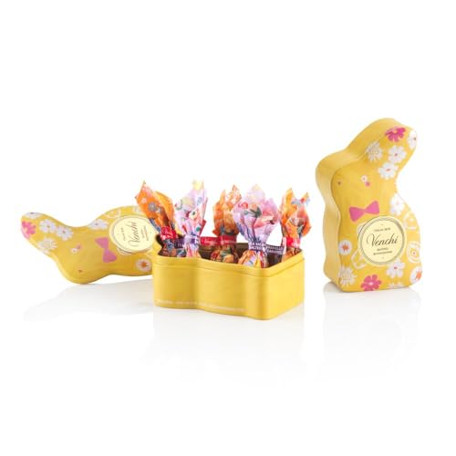 Venchi - Lata con Forma de Conejo Amarillo con 6 Huevos de Chocolate, Sabores Surtidos con 'Avellana Piamonte', Sin Gluten, 66 gr, Colección Pascua, Idea de Regalo