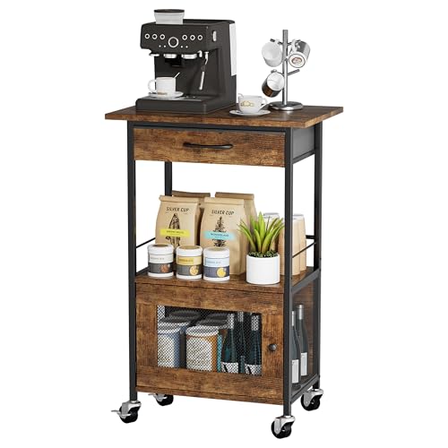 SWTYMIKI Buffets Coffee Bar Cabinet - Rolling Kitchen Rack Farmhouse Small Coffee Stand with Storage Drawer and Door Cabinet - Kitchen Microwave Stand for Apartment Living Room Entryway Espresso