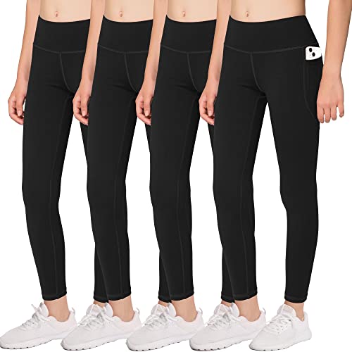 Girls' Athletic Dance Leggings with Side Pockets - Kids Active Tights for Yoga Running Workout Activitie (Pack of 4)