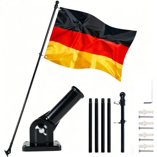 PEIZHIYC Fahnenmast Set 1.8M Edelstahl Teleskop Fahnenstange mit Halterung Teleskopstange Fahnenstange Fahnenmast Zubehör Set für Haus Garten Hof Außenzaun (Schwarz)
