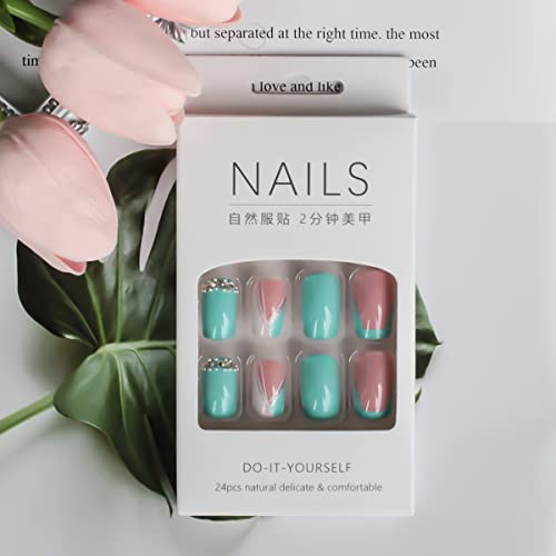Short Acrylic Press On Nails Square Fake Nails Nude With Artificial Diamond And Butterfly Designs False Nails French Tip Glue On Nail For Women And Girls 24Pcs #TOP5