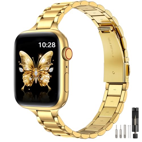 WFEAGL Slim Straps Compatible with Apple Watch Straps 40mm 38mm 41mm 42mm(Series 11 10) Slim Stainless Steel Replacement Strap Compatible iWatch SE/Ultra/iWatch Series 11 10 9 8 7 6 5 4 3 2 1 Gold