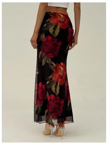Women's Floral Mesh Bodycon Maxi Skirts Lettuce Trim Going Out Skinny Skirt3