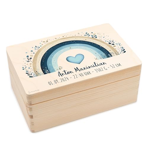 Erinnerungsbox Baby personalisiert - Geburtsgeschenk Junge mit Namen und Datum - Babykiste Holz 30x20x14cm - Geschenk Neugeborenes Junge zur Geburt Taufe - Boho Regenbogen