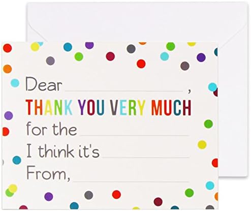 Fill in the Blank Thank You Cards with Envelopes for Kids - Confetti Dot Flat Notes - Pack of 36