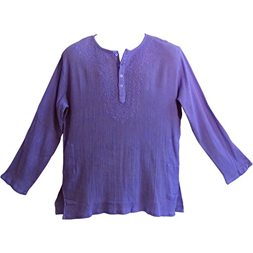 Mens Indian Purple Bohemian Crinkled Gauze Cotton Embroidered Tunic Shirt Kurta
