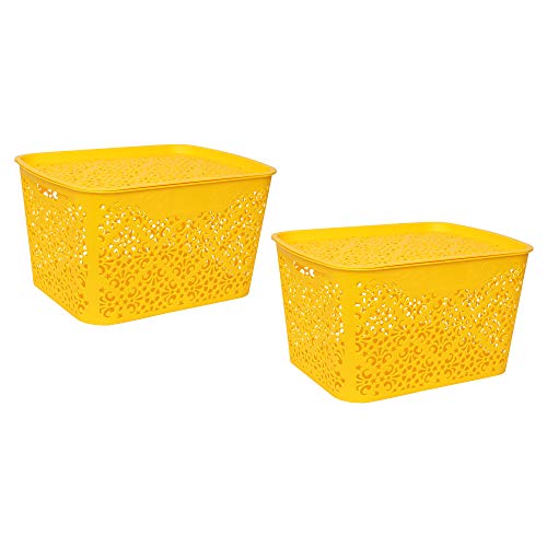 Cutting EDGE Turkish Baskets Bin with Lid for Laundry Organization, Kitchen, Baby/Kids Clothes, Diaper, Medicine, Toys Organizer with Handle (41.7X32.7X25.5, Yellow)