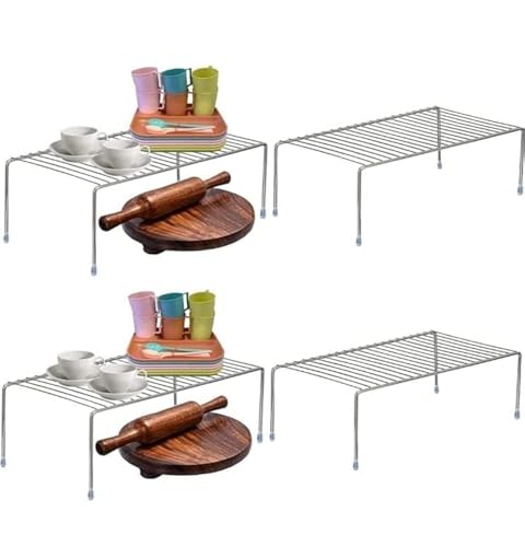 Image of 12FOR COLLECTION 4pcs Stainless Steel Kitchen Dish Rack Expandable Storage Shelves for Kitchen Cabinets Multipurpose Organizer Extend Up to 580 mm with Anti-Rust Nano Coating (Pack of 4), Tiered Shelf