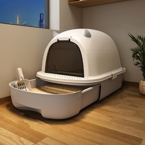 Rutexc猫用トイレボックス、特大開口部防滴一体型スクエアディープポータブルペットトイレ、家庭用猫用トイレボックスコンテナに最適、お手入れ簡単