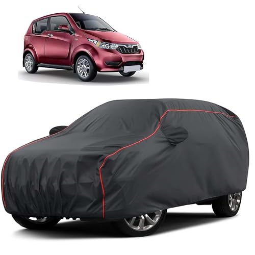 Image of Sulfar 100% Water Resistant Car Body Cover Compatible with Mirror for Mahindra e2o (Triple Stitched, Full Bottom Elastic, Dark Grey Taffeta with Red Piping)