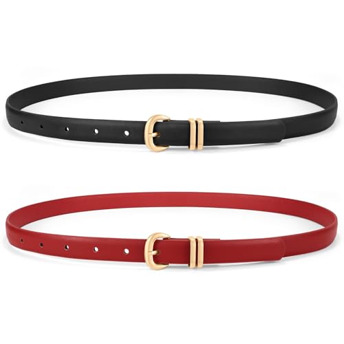 WHIPPY 2 Pack Skinny Leather Belts for Women Thin Ladies Fashion Belt C-Shaped Gold Buckle Black Belt for Jeans Pants Dresses