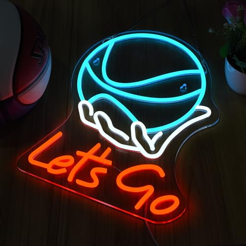 Image of 'Let's Go' Basketball Neon Sign for Wall Decor - 17 inchx12.6 inch, Dimmable LED Sign for Room Decor. Ideal for Boys' & Men's Bedrooms, Living Rooms, & Sports Man Caves. Cool Blue & Red Basketball Gifts Idea!